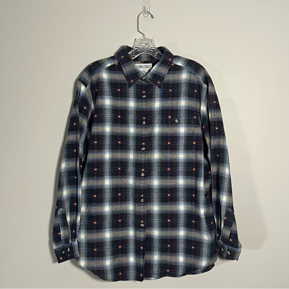 Cabin Creek Shirt Womens XL Blue Plaid Button Up Blouse Top Flannel Warm Outdoor